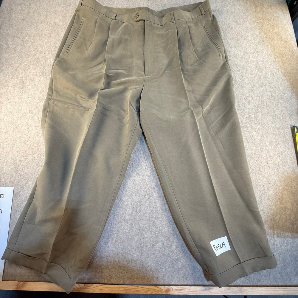 J. Ferrar Mens Pleated Dress Pants 46x30 Olive Taupe Cuffed Rayon Blend Trousers